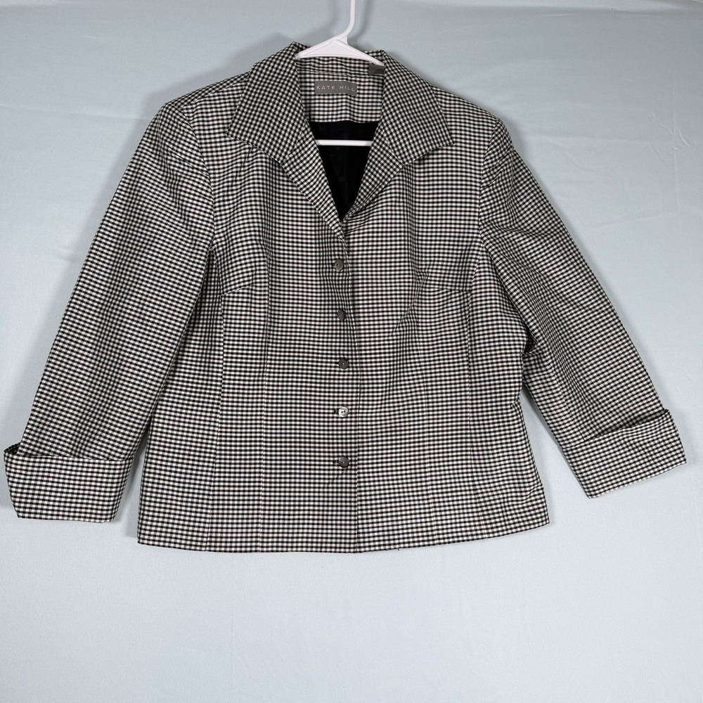 Kate Hill Size-12 Womens Jacket 100% Silk Black And White Check Blazer